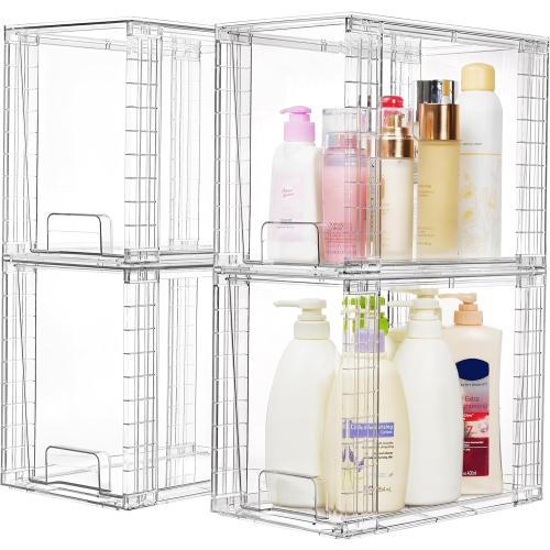Vtopmart 4 Pack Clear Stackable Storage Drawers,9.7 High Plastic Organizers Bins for Skincare, Bathroom Supplies,Ideal for Cabinet,Undersink,Vanity,Kitchen,Pantry Organization