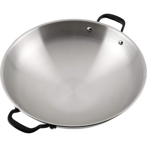 KitchenAid 5-Ply Clad Polished Stainless Steel Wok, Induction Compatible, Dishwasher Safe, 15 Inch Open Stir-Fry Pan