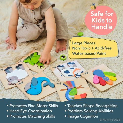 Magifire Wooden Puzzles, Set of 6 Puzzle Toys for Kids Toddlers 1–3, Baby Educational Animal Toys with Chunky Pieces & Bag for Easter - Whale, Peacock, Woodpecker, Cow, Sheep, Frog