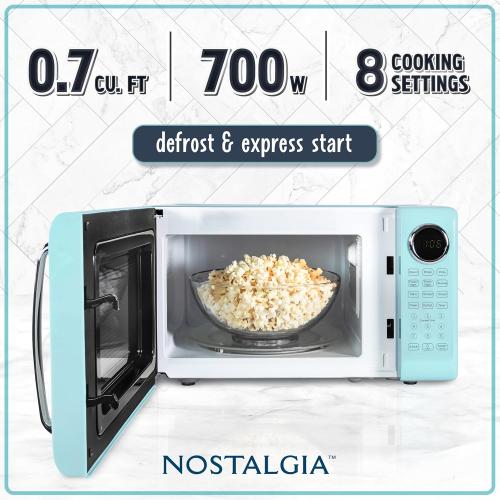 Color Blue Nostalgia Retro Microwave Oven - 0.7 Cu Ft, 700-Watt Countertop Size with Glass Turntable, Child Safety Lock, 8 Auto-Cook Programs, Digital Clock - Aqua