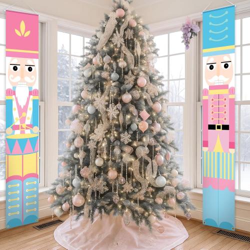 2 Pcs Nutcracker Christmas Porch Banner Decorations Pink Nutcracker Sign, Pastel Christmas Welcome Sign for Front Door 12 x 71 Candyland Xmas Door Hanging Banner Soldier Model Decor for Xmas
