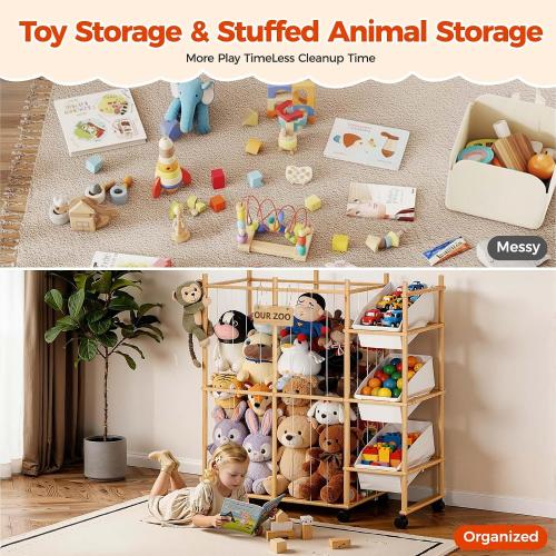 Sevenblue Toy Storage Organizer with 3 Removable Bins, Kids Storage Toy Shelf Organizer for Stuffed Animal Holder for Bedroom Playroom Nursery | Wood & White