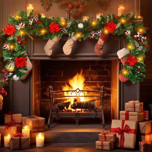 Christmas Garland with Lights, Pre-lit 9ft Christmas Decorations with 50 Warm White LED Lights, Berries, Balls, and Red Flower for Door, Stairs, Railing, Indoor, Outdoor, Battery Operated