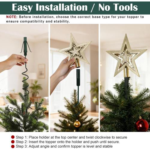 FORUP Christmas Tree Topper Holder, 3-in-1 Tree Topper Stabilizer - Fits Tree Center Poles Up to 1.25 in Diameter, Compatible with Angel/Star Toppers, Tool-Free Installation, Prevents Tilting