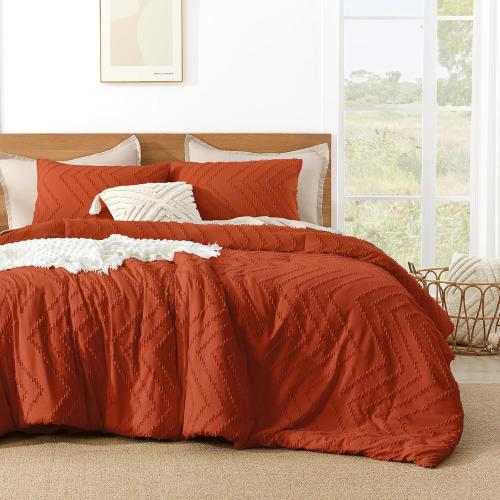 Burnt Orange Cal King Comforter Lightweight Terracotta Rust Boho Fall Tufted Bedding