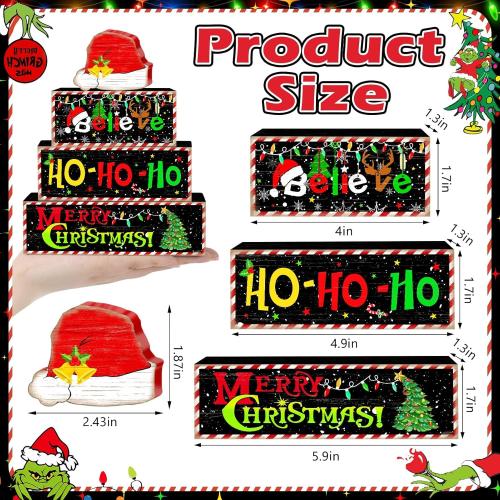 Britimes 4 Pcs Christmas Santa Hat Table Decor Christmas Tiered Tray Decorations Set Santa Hat Block Signs Gift Rustic Farmhouse Tabletop Decor for Table & Home Office