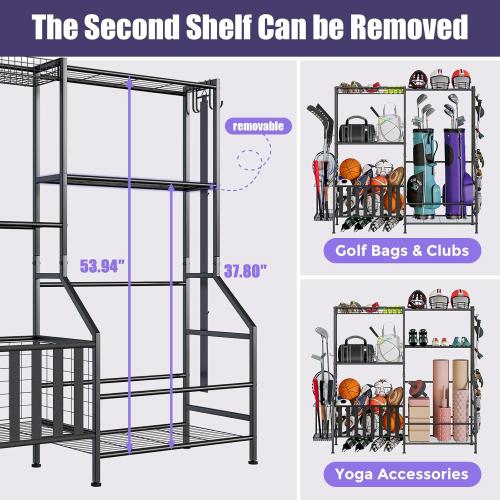 Sports Equipment Organizer, Heavy Duty Golf Bags Stand, Extra Large Ball Storage Rack for Garage, Sports Gear Storage with Basket and Hooks, Black