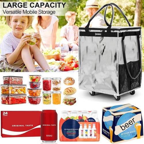 (Large,Silver) Reusable Grocery Bag on Wheels, Foldable Rolling Tote, Shopping Trolley, Zipper Clouser Shopping Carts for Trips, Laundry, 5 Heavy Duty Wheels
