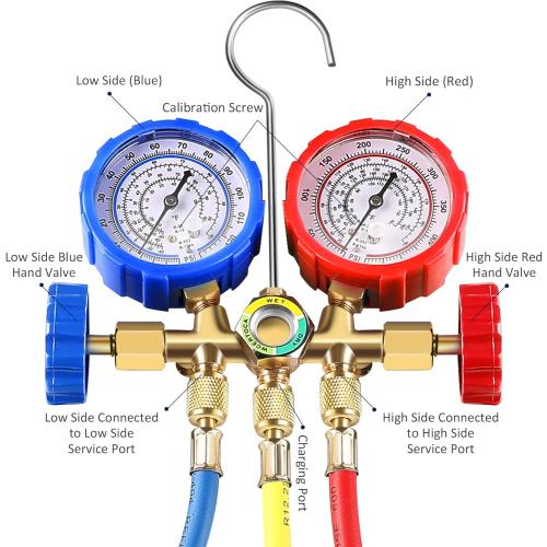 Orion Motor Tech 3 Way AC Diagnostic Manifold Gauge Set for Freon Charging, Fits R134A R12 R22 and R502 Refrigerants, with 5FT Hose, Tank Adapters, Adjustable Couplers and Can Tap