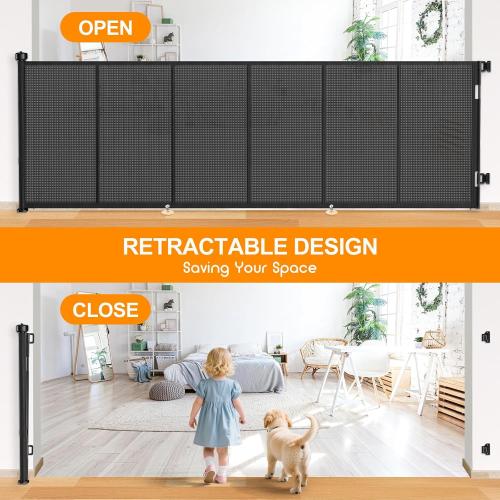 EZIGO 120 Inch Retractable Baby Gates, 41 Inch Extra Tall Retractable Gate | Reinforced Retractable Dog Gate with Rods, 10 FT Extra Long Mesh Pet Gate for Stairs Hallways Doorway Indoor Outdoor, Black