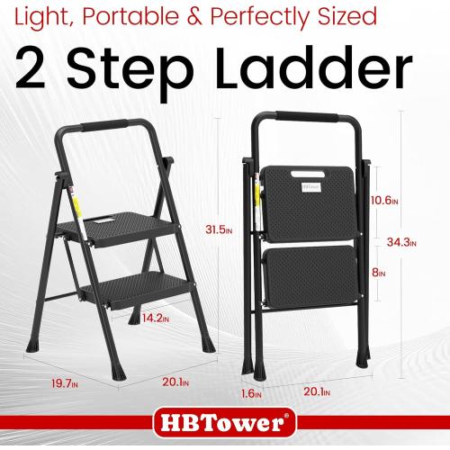 HBTower Step Ladder, Folding Step Stool with Wide Anti-Slip Pedal, Sturdy Steel Ladder, Convenient Handrail, Lightweight, Portable Steel Step Stool