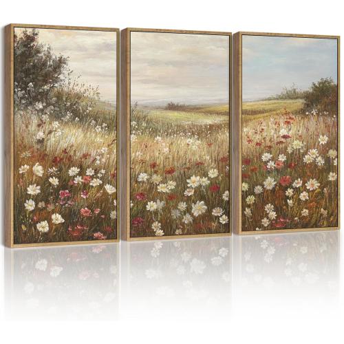 SHENIFY Vintage Framed Wall Art Meadow with Flowers Landscape Scenery Home Decor Retro Wildflower Field Decorations for Bedroom Ready to Hang Wall Artwork - 3pcs Natural Framed