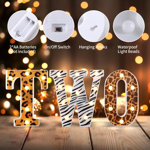 Two Safari Wild Birthday Decorations for 2 Year Old Girl and Boy,Light Up Letters Two Sign for 2nd Birthday Centerpiece Table Decorations,Jungle Animal Party Supplies Backdrop Wall Decor