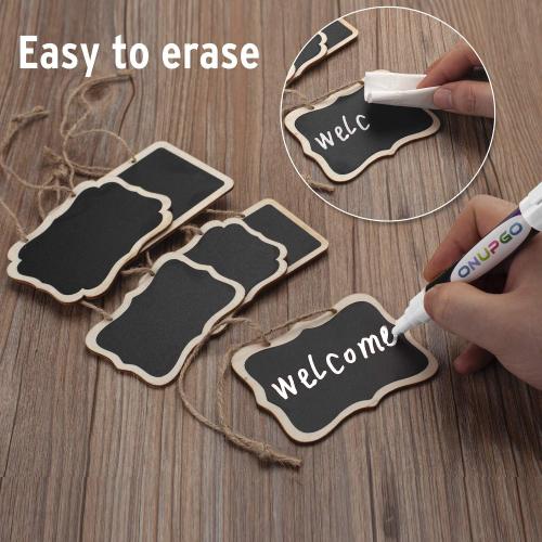 ONUPGO 16 Pack Chalkboard Tags with String, 4x3 Hanging Chalkboard Signs with Liquid Chalk Marker, Wooden Mini Blackboard Tags Massage Board Tags, Hanging Chalkboard Price Tags