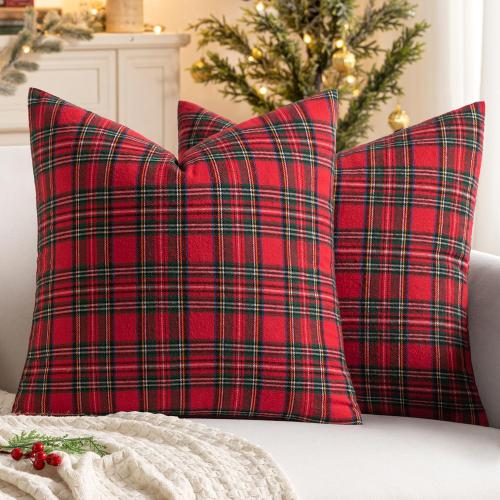 MIULEE Christmas Set of 2 Scottish Tartan Plaid Throw Pillow Covers Farmhouse Classic Decorative Outdoor Square Cushion Cases for Home Decor Sofa Couch 16x16 Inch, Red