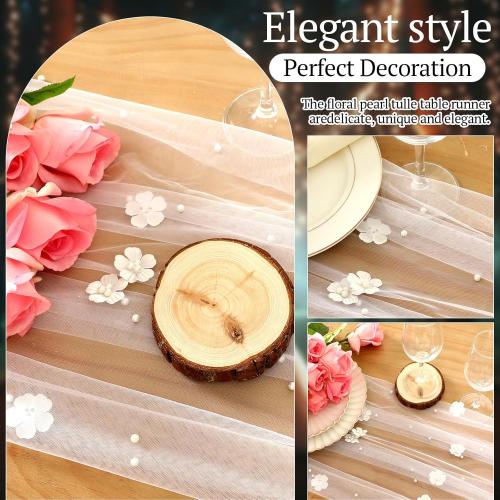 Lounsweer 3 Pcs Tulle Table Runner 10ft Embroidery Table Runner Tulle Fabric Wedding Lace Tablecloth for Bridal Shower Veil Baby Shower Sweetheart Birthday Home Decorations (White,Pearl)