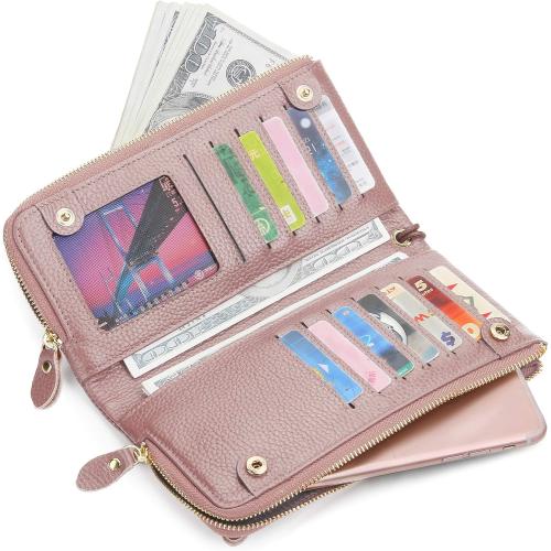 YALUXE Women's Genuien Leather Wristlet Handbag Wallet with 19 Card Slots Double Zipper Pockets for cash Cell Phone