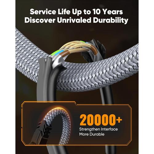 Snowkids Cat 8 Ethernet Cable 10 FT, Braided Heavy Duty High Speed Internet/LAN/Network Cable, 40Gbps 2000Mhz, Indoor and Outdoor Flat Patch Cord RJ45 Connector for Gaming, PC, Modem, Router