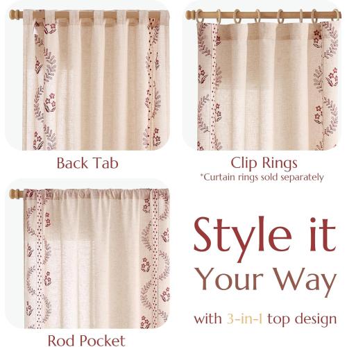 jinchan Belrose Linen Curtains for Bedroom Floral Curtains 84 Inch Length Linen Blend Burgundy Red Embroidered Drapes Farmhouse Flower Patterned Drapes for Living Room Window Treatments Set 2 Panels
