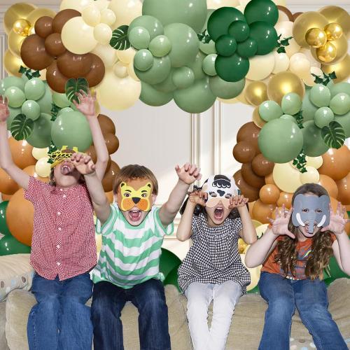 142pcs Jungle Safari Wild One Balloon Arch Kit, Sage Green and Brown Balloon Garland with Palm Leaves for Woodland Tropical Shower Birthday Jungle Party Decoration