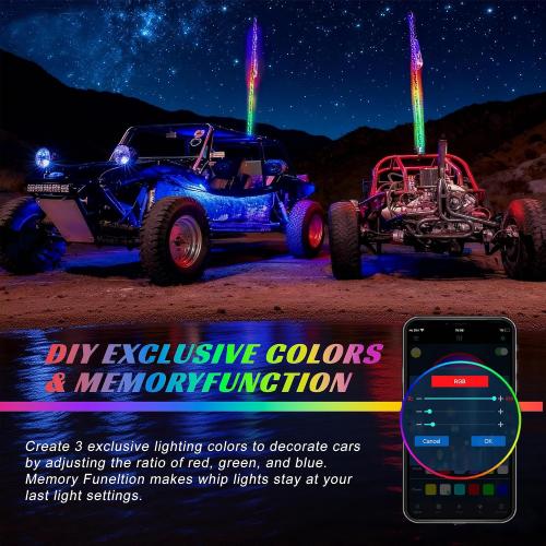 2 Pack 4FT Whip Lights with Spring Base,LED Whip Light with App &Remote Control, Spiral RGB Chasing Lighted Whips with Rocker Switch,Music Whip Light for UTV ATV Polaris RZR Can-Am SXS Truck