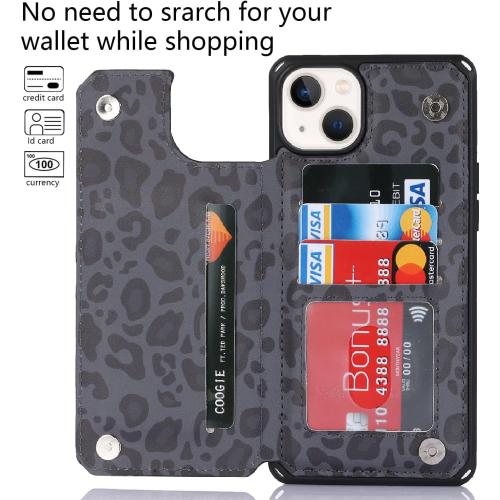 Color Black Cover for iPhone 13 Case with Card Holder, for iPhone 13 Wallet Case for Women Men, Stand and Strap,Leopard Grain Shockproof Protective Phone Cover-Black