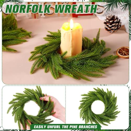 Dingion 12 Pcs Christmas Norfolk Pine Candle Ring Wreaths 6 Inch Small Christmas Wreath Garland Artificial Green Pine Ornaments Xmas Table Centerpiece for Wedding Farmhouse Home Cabinets Window Decor