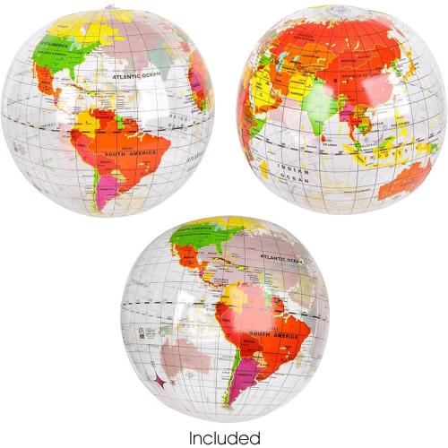 ArtCreativity Inflatable World Globe Ball Set Set of 6 Print Blue and Clear - Colorful Earth Map, 16 Inch Inflatable Beachball for Pool, Summer Fun Toys for Kids, Learning and More