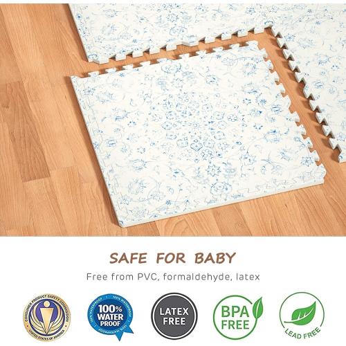 Extra Large Baby Play Mat - 4FT x 6FT Non-Toxic Foam Puzzle Floor Mat for Kids & Toddlers (Persia Handmade Pattern, Blue and White)