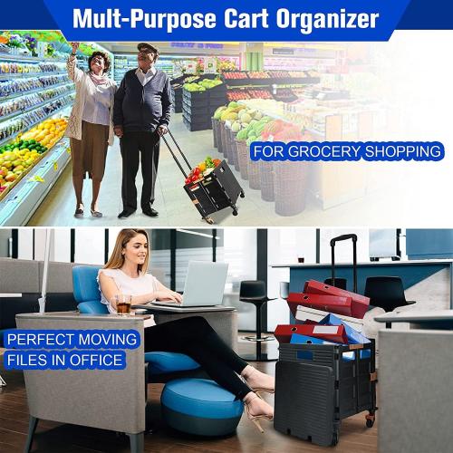 Utility Cart Folding Portable Rolling Crate Handcart with Lid Durable Heavy Duty Plastic Telescoping Handle Collapsible 360 Degree Rotate Wheels for Travel Shopping Moving Luggage Office Use,Black