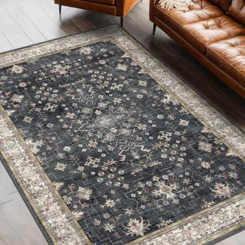 Black Boho Living Room Rug 5x7, Washable Dark Vintage Moody Low Pile Non Slip Carpet for Bedroom, Dinning Room, Office, Farmhouse, Retro Area Rug Indoor Decor (5x7 Black/Multi)