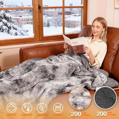 Electric Heated Blanket Throw 50''x60''Size Faux Fur Heating Blanket 10 Heating Settings, 1-8h Timer & Overheat Protection, Machine Washable, Soft Flannel and Sherpa Full Body Warmth