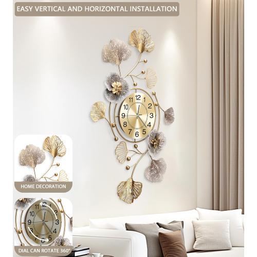 Clocks for Living Room, Large Wall Clock, 3D Silent Wall Clock, Retro Metal Ginkgo Leaf Design, for Bedroom Kitchen Decorative Wall Clocks（35''x20'' ）