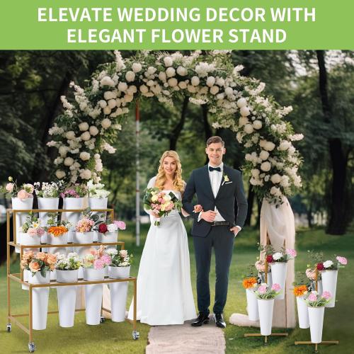 Flower Cart Display Stand, 3 Layers Metal Flower Bar Stand with 360° Swivel Wheels and Brake, Flower Display stand with Iron Buckets, Durable than Plastic Buckets, Flower Holder for Florist or Wedding