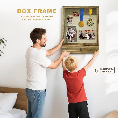 Picrit Large Brown Shadow Box Frame 16x20, 3.1 Deep Solid Wood Display Case with Removable Shelves & Drawers, Linen Back for Flowers, Pictures, Medals, Coins, Pins Collection, Memorial Gifts and More