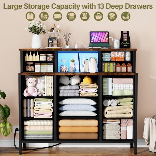 Dresser for Bedroom with 13 Drawers 2 Open Shelves, Fabric Storage Dresser, Chest of Drawers, Pattern Organizer for Closet, Bedside, Living Room, Entryway, Hallway