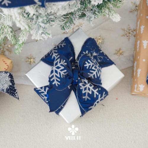 MEEDEE 4 Inch Navy Blue Snowflake Ribbon Navy Satin Wired Christmas Tree Ribbons with Silver Glitter Snowflake 10 Yards Blue and Silver Ribbon for Holiday Crafts, Garlands, Large Tree Topper Bow