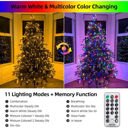 262FT 800 LED Color Changing Christmas Lights Outdoor Indoor, Warm White Multicolor Christmas Tree Lights, Waterproof Fairy String Light Timer Remote, 11 Lighting Modes
