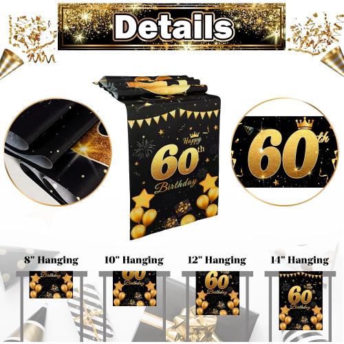 Happy 60th Birthday Table Runner Black Gold 72 Inch Long Celebrate 60th Birthday Table Runner for 60 Years Old Men Women Anniversary Party Decor Non-Slip Dining Table Linen Cloth Decorations
