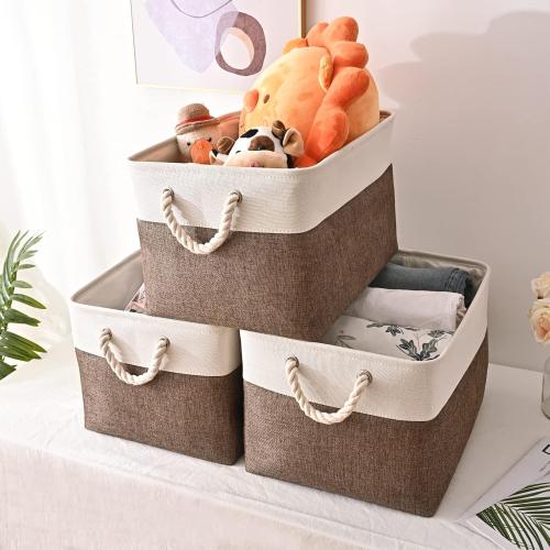 HOdo Home 15.8×11.8×9.5In/3PCS Fabric Storage Bin with Drawstring Closure and 2 Bold Handles, Collapsible Large Canvas Storage Baskets for Organizing Shelf Nursery Home Closet (Brown)