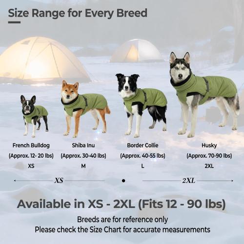 Dog Winter Puffer Coat, Water-Repellent (Green, Medium) | Breathable mesh lining with fur-safe buckle, leash hole, reflective strips and anti-slip leg straps