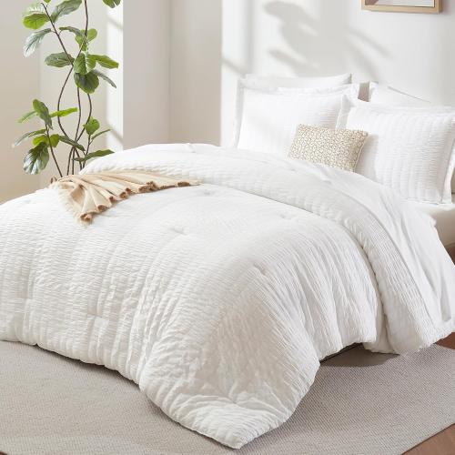CozyLux King Size Comforter Set, 7 Pieces White Seersucker Bed in a Bag