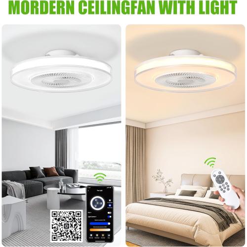Size 20 Color White Ceiling Fan with Light and Remote, Modern Low Profile,Stepless Color Temperature and Brightness Adjustable and 6 Wind Speeds for Bedroom, Kids Room, Living Room and Study Room (White)