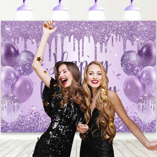 Sensfun Purple Happy Birthday Backdrop Banner Shiny Glitter Balloon Photography Background for Women Girls Sweet 16 18th 21st 30th Birthday Party Decorations Banner Photo Booth Props 6x4ft