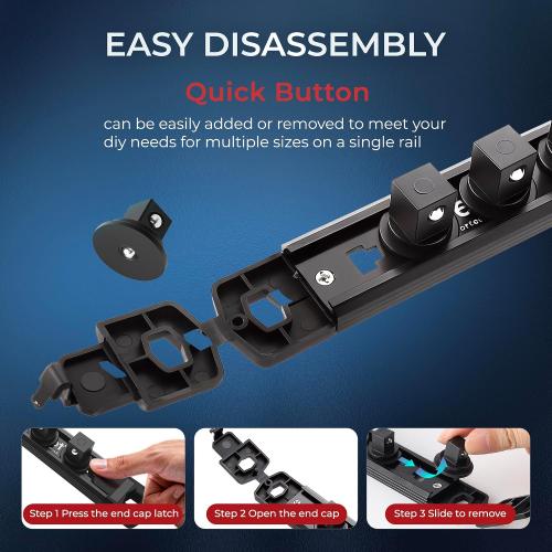 Reniteco Magnetic Socket Organizer, 3/8 Drive Aluminum Alloy Socket Rail, Heavy Duty Magnetic Socket Holder with 14PC 360° Swivel Removable Clips, Magnetic Socket Rack for Tool Box Drawer, Black