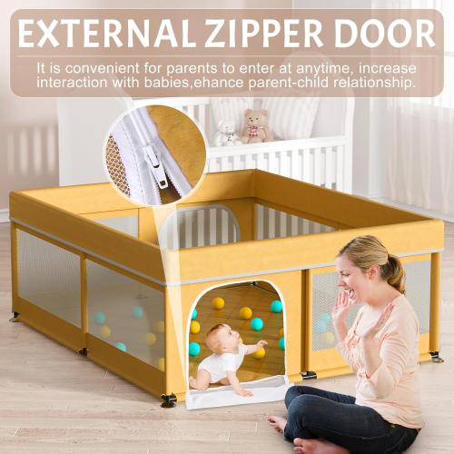 Omzer Baby Playpen with Mat 71×59 - Extra Large Playpen for Babies and Toddlers with Mat Included, Safety Playard for Baby with Gate, All-Wrapped Soft Sponge Baby Gate Playpen with Stable Mat Velcro