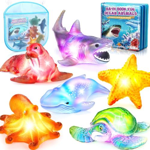 6 Pack Light Up Bath Toys & Magic Bath Book & Storage Bag for Toddler, No Hole Floating Ocean Animal with LED Flashing Colors, Glow Sensory Bathtub Toy for Kid, Water Table Toy, Gift for Boy Girl