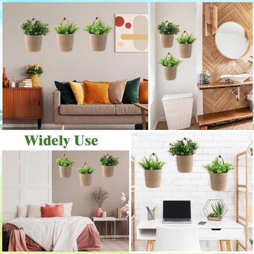 3 Pack Wall Baskets for Plants Hanging Rope Basket with Artificial Plants Woven Farmhouse Jute Storage Organizer Rustic Wall Boho Basket Decor for Porch Living Room(Green Eucalyptus Style,10 Pcs)