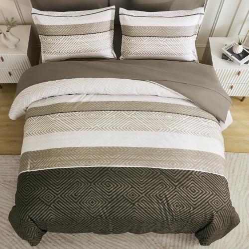 Drucon Brown Comforter Set King Size 7 Piece Bed in a Bag Striped Bedding Set Soft Microfiber Comforter and Sheet Set for All Season (King, 104x90)