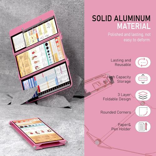 Nursing Clipboard Foldable, Foldable Clip Board w/Nursing Edition Cheat Charts, 3 Layers Aluminum, Nurse Plank w/Low Profile Clip&Pen Clip Pocket for Students, Nurses and Doctors, Pink